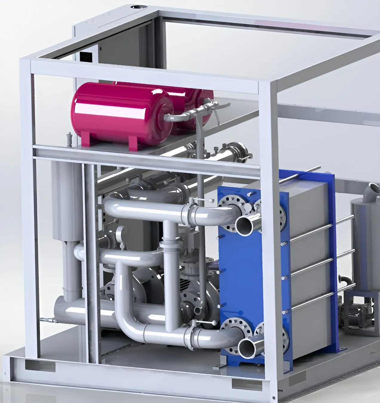 Close view of the plate heat exchanger and pipework of the 2.5 MW CDU.