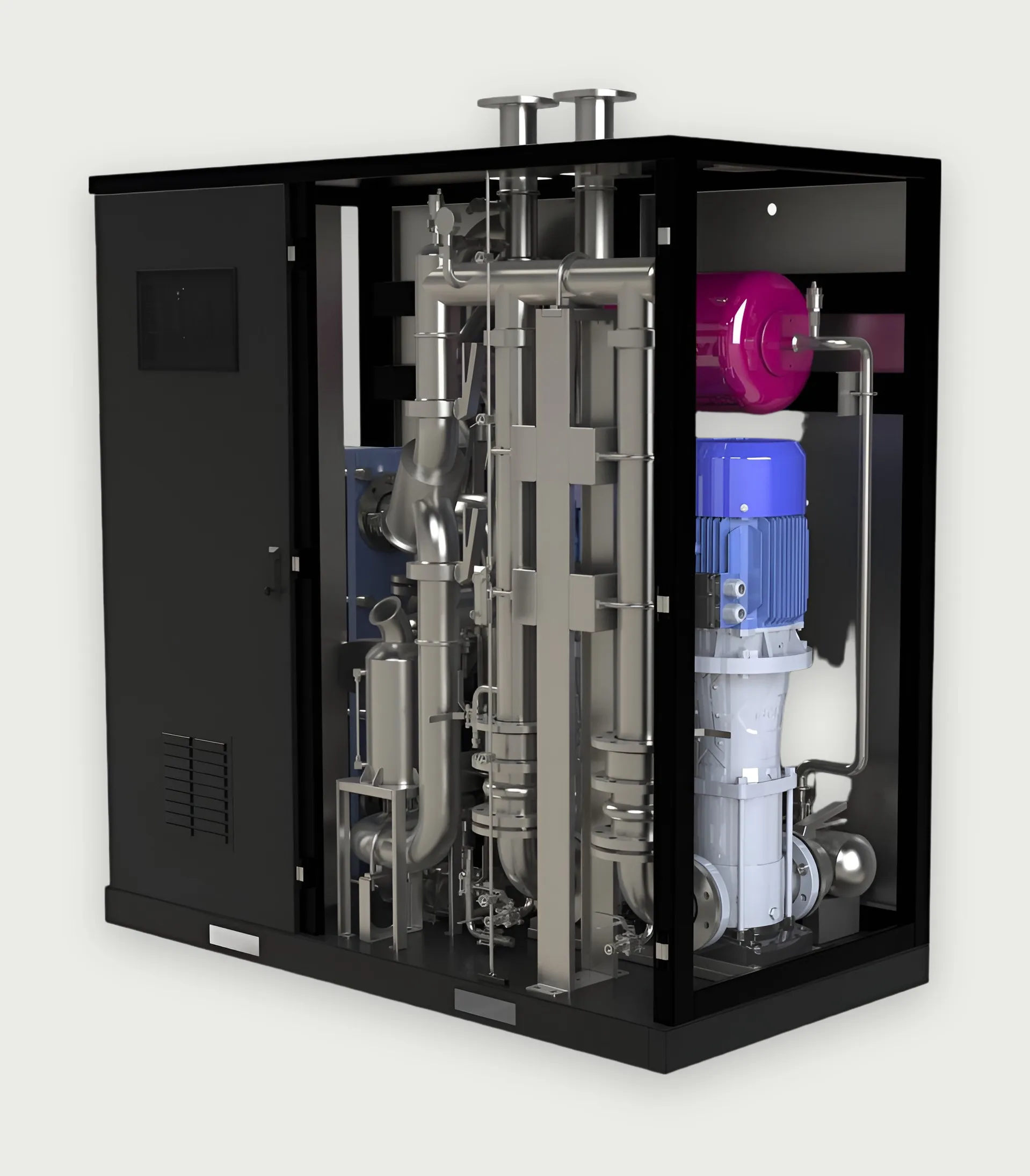Cabinet-type 500 kW CDU with door open showing pump and piping.