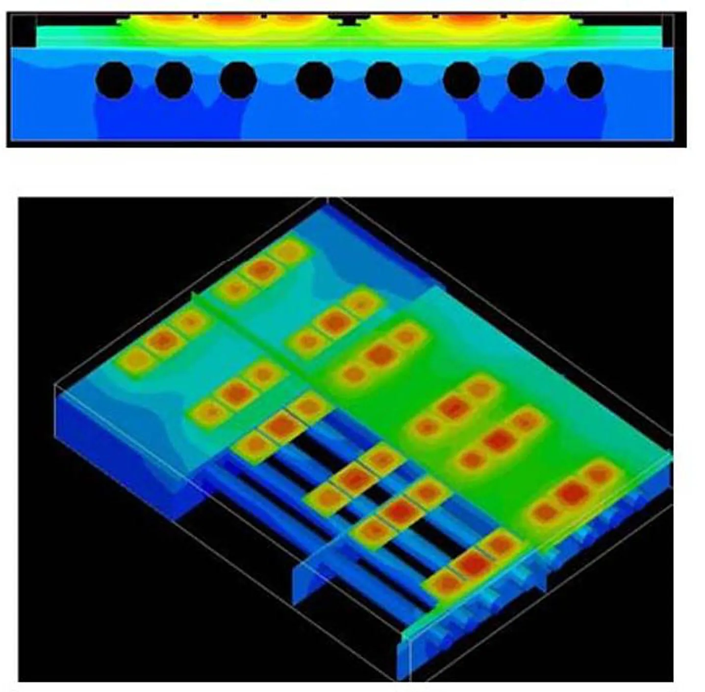 Two CFD temperature plots of a liquid cold plate: a cross-section through the coolant channels and an isometric view showing heat sources.