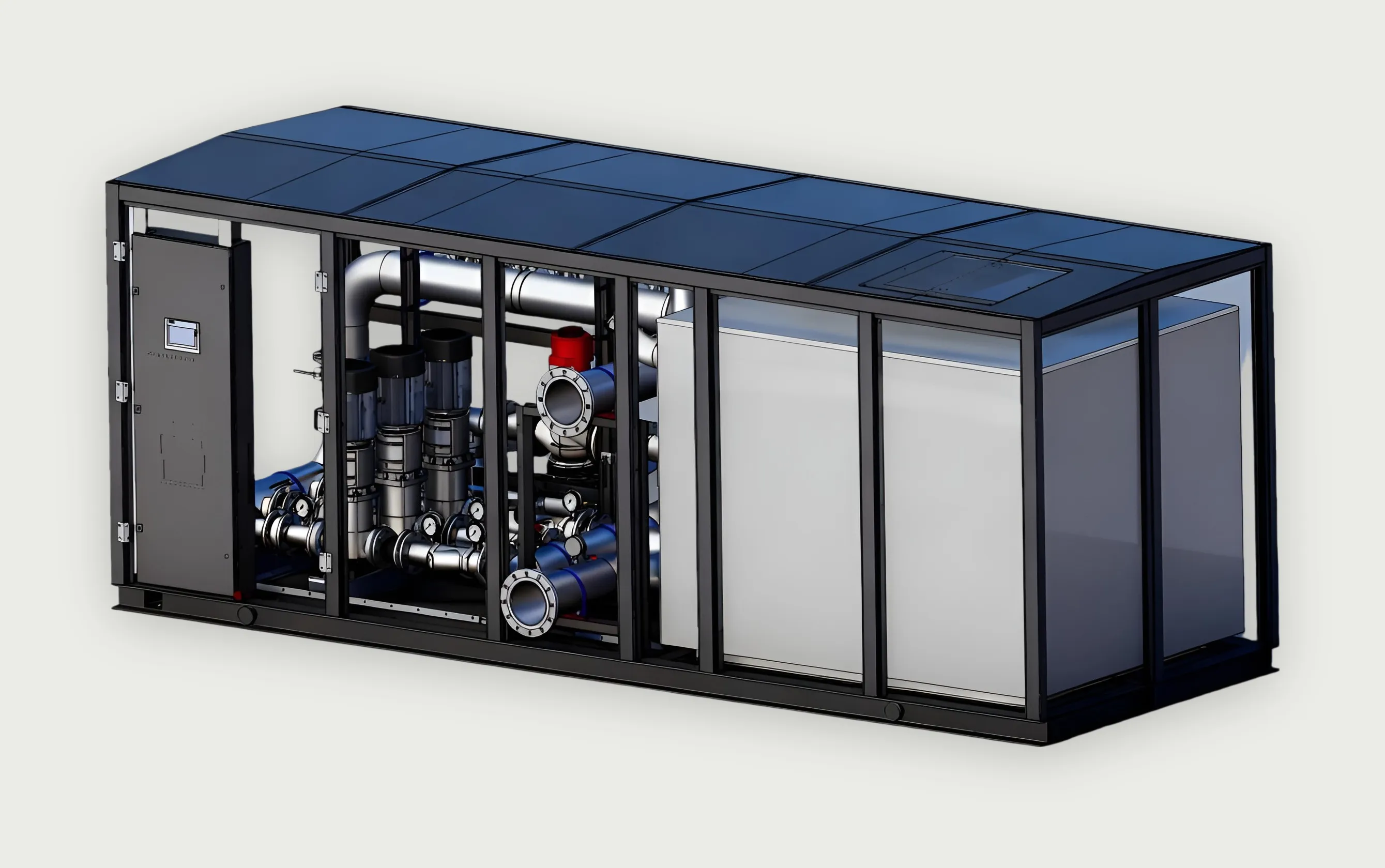 Enclosed skid-mounted pump station with one bay open.